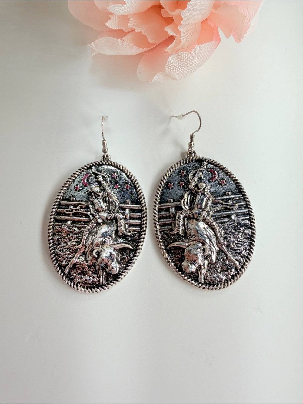Western Rodeo Bull Rider Silver-Tone Dangle Earrings - Unbranded